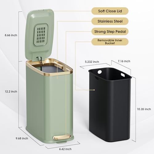 CEROELDA Small Bathroom Trash Can with Lid-5L/1.3 Gal-Soft Close Lid-Green - Image 5