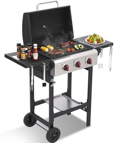 3-Burner Propane Gas Grill with Cast Iron Grates, 38200 BTU output,Foldable Side Shelves for Portable Outdoor Patio Camping, Black (3 Burner) by Unknown