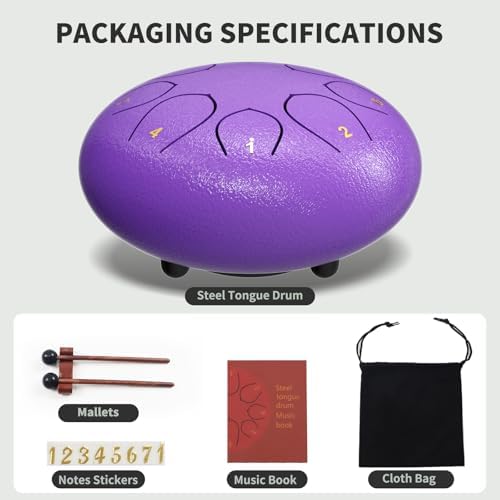 Rain Drum for Outside Garden, 6 Inches 8 Notes Steel Tongue Drums, Waterproof Meditation Echo Rain Chime, Musical Instruments for Adult Gift with Bag, Music Book, Mallets (Purple) - Image 3