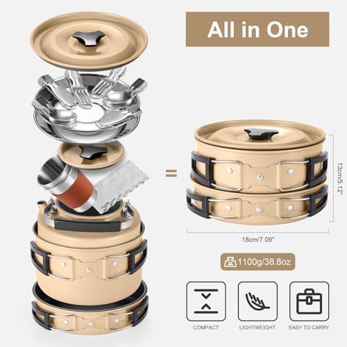 Odoland 19pcs Camping Cookware Mess Kit, Non-Stick Pot Pan Kettle Set for 2 - Image 3