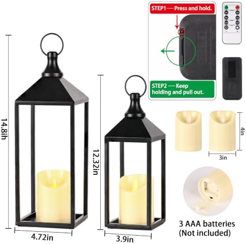 2 Pcs Black Decorative Metal Lanterns Farmhouse Lantern Decor with Candles - Image 2