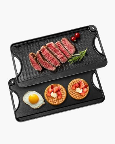 VEVOR Reversible Grill/Griddle, 20x10 inch Pre-Seasoned Cast Iron Griddle, Portable Rectangular Pan with Handle, Family Cookware for Indoor/Outdoor Stove Top Burner, Gas, Camping BBQ, Black by VEVOR