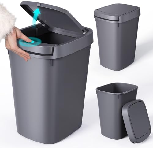 CEROELDA 3 Pack Bathroom Trash Can with Lid, 10L/2.6 Gal Small Garbage Can with Press Top Lid, Slim Plastic Waste Basket for Toilet, Office, Bedroom (Grey) by WelcometoCEROELDA