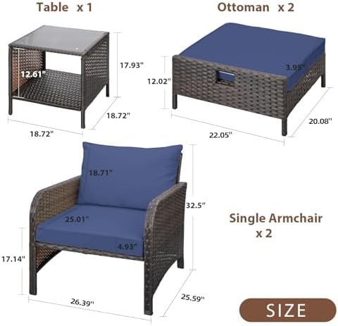 LEVELEVE Balcony Furniture 5 Piece Patio Conversation Set, PE Wicker Rattan Outdoor Lounge Chairs with Soft Cushions 2 Ottoman&Glass Table for Porch, Lawn-Brown Wicker - Image 3