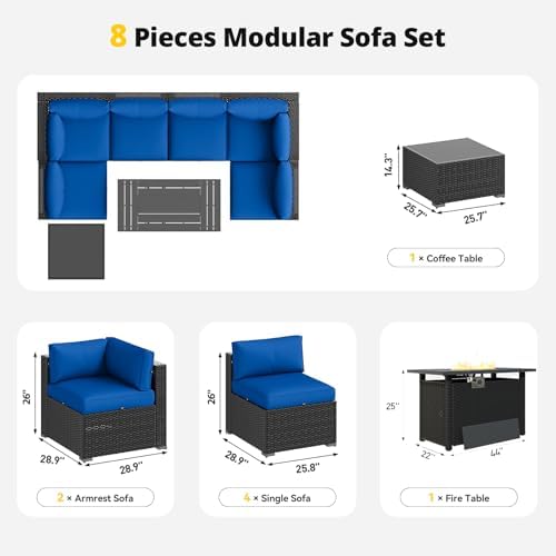 Aoxun Patio Furniture Set with Fire Pit Table, 8 Piece Outdoor Sectional Sofas, Wicker Rattan Outdoor Furniture with Thickened Cushion for Backyard, Garden Navy Blue - Image 6