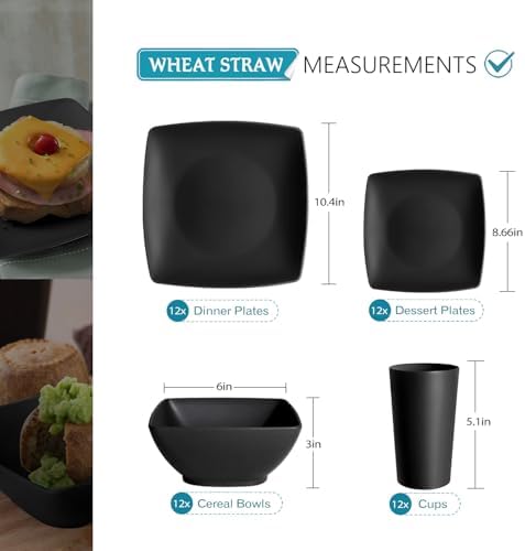 Teivio 48-piece Black Plates and Bowls Sets, Square Kitchen Dish Set for 12 - Image 2