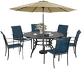 Incbruce 8 PCS Patio Dining Set with Brown Umbrella, Outdoor Dining Set of 6 Textilene Chairs and 53" Round Table with Umbrella Hole for Backyard, Garden, and Poolside (Blue) by Incbruce