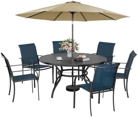 Incbruce 8 PCS Patio Dining Set with Brown Umbrella, Outdoor Dining Set of 6 Textilene Chairs and 53" Round Table with Umbrella Hole for Backyard, Garden, and Poolside (Blue) by Incbruce