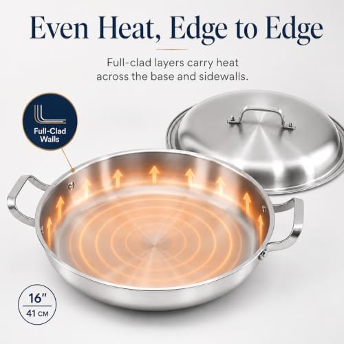 DELARLO 16 Inch Stainless Steel Paella Pan with Lid, 5-Ply Fully Clad,Jumbo Frying Pan for 12-14 Servings, PFOA & PTFE Free Skillet for Gas Stove, Great for Paella Parties Indoors Outdoors - Image 3