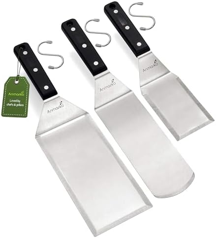 Stainless Steel Spatula Set - Heavy Duty Spatula and Scraper - Great for Cast Iron Griddle BBQ Flat Top Grill - Commercial Grade by Anmarko