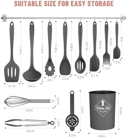 Gray Kitchen Utensils Set-12 Pieces Silicone Cooking Utensils Set - Image 2