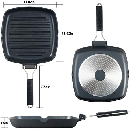 S·KITCHN Grill Pan with Folding Handle, Nonstick Grilling Pan for Stove Tops, Induction Compatible Square BBQ Pan with Pour Spouts - 11 in - Image 6