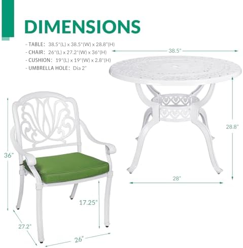 VIVIJASON 5-Piece Outdoor Patio Dining Set, All-Weather Cast Aluminum Conversation Set, Patio White Furniture Set, Include 4 Cushioned Chairs, 38.5" Round Table w/Umbrella Hole (White/Green Cushion) - Image 7