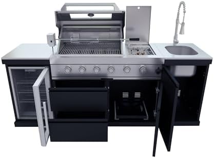 85-Inch 4-Burner Natural Gas Outdoor Kitchen Grill Island - 72000 BTU Stainless Steel BBQ, Refrigerator, Rotisserie, Stainless Countertops, Soft-Close Storage, For Patio, Lawn, Backyard, Black - Image 6