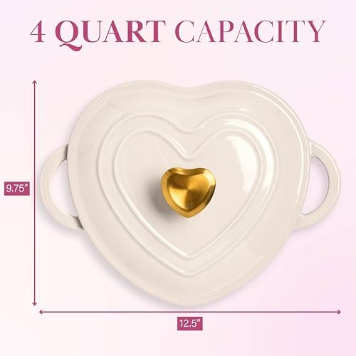 Paris Hilton Enameled Cast Iron Dutch Oven Pot with Lid, Heart-Shaped Dutch Oven, Durable Cast Iron Pot with Dual Handles, Oven Safe to 500°F, Works on All Stovetops, 4-Quart, Cream - Image 2