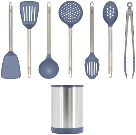 Glad Kitchen Utensils Set, 8pcs - Nonstick Cooking Tools with Stainless Steel Handles & Rotating Utensil Holder - Turners, Ladle, Spoon, Tongs, Spaghetti Server, and Skimmer - Dishwasher Safe, Blue - Image 3