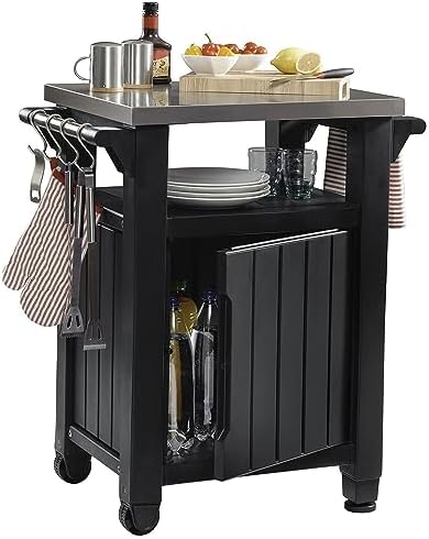 Keter Unity Small 40 Gallon Grill Prep Table and Storage Cart, Grey – BBQ Station with Wheels and Stainless Steel Top, Portable Serving Stand for Patio, Deck, and Backyard - Image 6