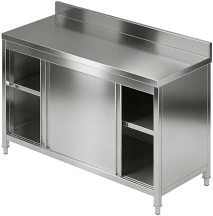 59" Stainless Steel Kitchen Worktable with Cabinet, 800 LBS Heavy Duty Commercial Prep Table with Sliding Doors & Adjustable Feet, Backsplash, for Restaurant, Home, Garage, Outdoor BBQ by Unknown