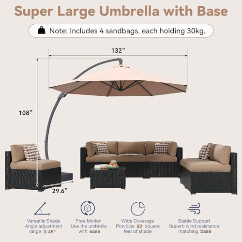 Aoxun Patio Furniture Set with Umbrella, 8 Piece Outdoor Sectional Sofas, Wicker Rattan Outdoor Furniture with Thickened Cushion for Backyard, Garden Beige - Image 5