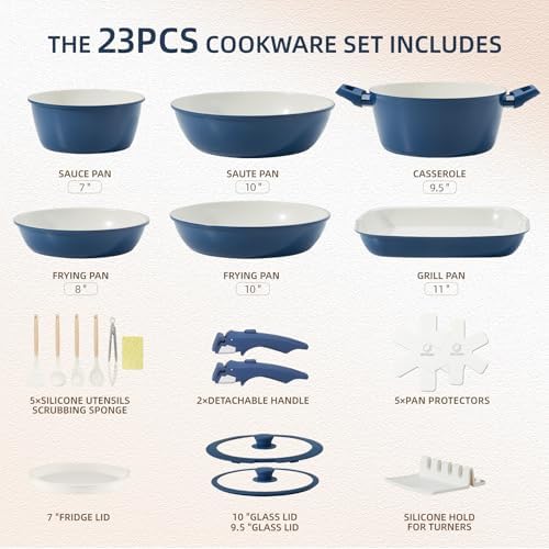 BECIGAR 23pcs Ceramic Pots and Pans Set, Nonstick Detachable Handle Cookware, Induction Kitchen Cooking Set, Include Frying Pans & Saucepans Oven Safe(Blue) - Image 2