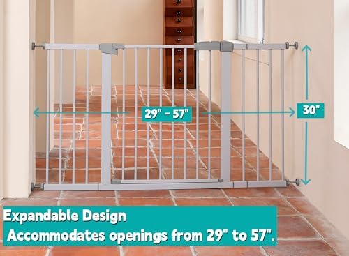 55.98"-58.15" Baby and Pet Safety Gate, 30" Tall Metal Walk-Thru Gate for Doorways & Stairs, Easy One-Hand Open, Dual Lock, Extensions & Wall Mounts Included (Gray, 29"-57" W x 30.5“H) - Image 2
