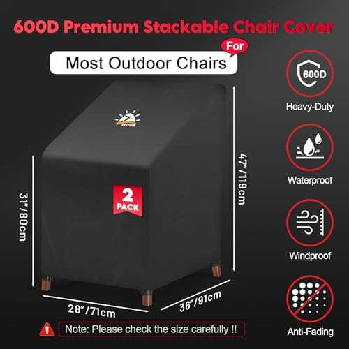 Zettum Stackable Patio Chair Cover 2 Pack - 600D Outdoor Chair Cover Waterproof & Heavy Duty, Lawn Furniture Stacking Seat Cover for 4 - 6 Outdoor Stackable Dining Chairs - 28 x 36 x 47 Inch - Image 2