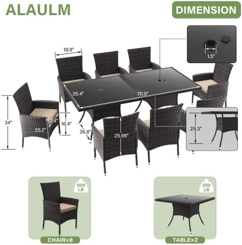 ALAULM 10 Piece Outdoor Patio Dining Set for 8 All-Weather Wicker Patio Furniture Set w/Tempered Glass Tabletop, Removable Cushions and Umbrella Hole for Patio, Backyard, Garden, Poolside (Brown) - Image 5