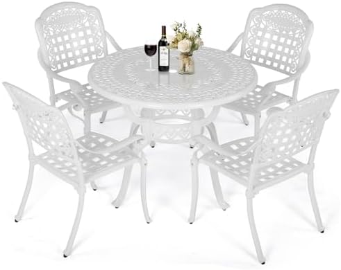 VIVIJASON 5-Piece Patio Furniture Dining Set, All-Weather Cast Aluminum Outdoor Conversation Set, Include 4 Chairs and 1 Round Table w/Umbrella Hole for Balcony, Lawn, Garden, Backyard, White by VIVIJASON