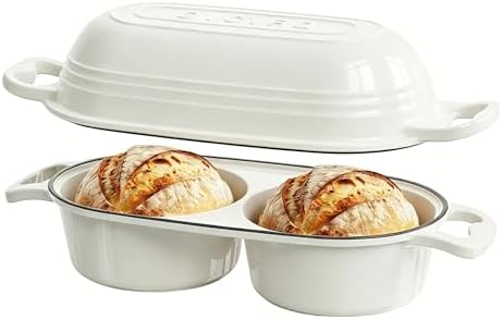 Enameled Cast Iron Double Round Bread Loaf Pot with Lid –Cream White by Unknown