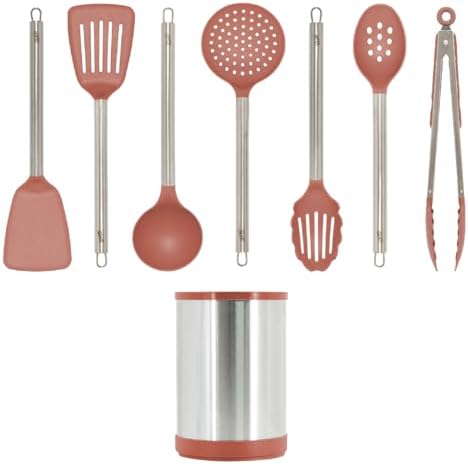 Glad Kitchen Utensils Set, 8pcs - Nonstick Cooking Tools with Stainless Steel Handles & Rotating Utensil Holder - Turners, Ladle, Spoon, Tongs, Spaghetti Server, and Skimmer - Dishwasher Safe, Rust - Image 3