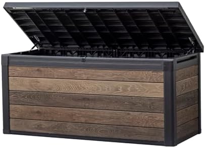 Keter Signature Collection 150 Gallon Resin Deck Box Organization and Storage Box for Patio Outdoor Cushions, Throw Pillows, Garden Tools and Pool Supplies, Walnut by Unknown