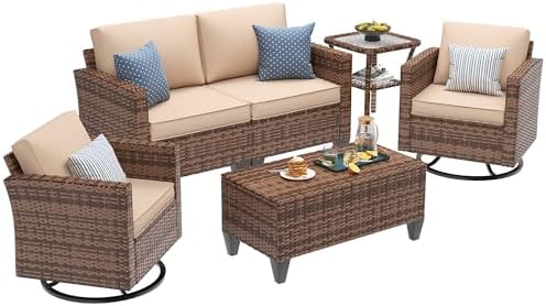 UDPATIO Patio Furniture Set, 5 Pieces Outdoor Furniture Sets with Rocking Swivel Chairs, Wicker Rattan Patio Conversation Set with Storage Table and Waterproof Covers for Backyard Deck Porch, Khaki - Image 2