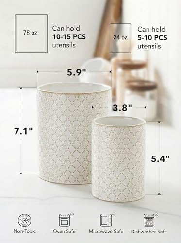 LE TAUCI Kitchen Utensil Holder for Countertop - 7.1"+5.4" Ceramic Utensil Crock Set of 2, Large Cooking Utensil Organizer for Spatula, Spoon, Whisk - Farmhouse Storage, Embossed, Fireworks - Image 5
