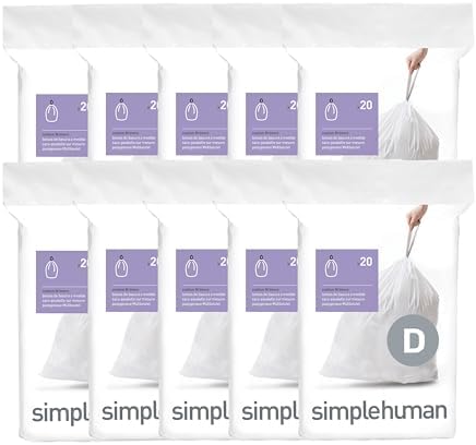 simplehuman Code D 200 Count Custom Fit Liners, Drawstring Kitchen Trash Bags, One-by-One Mess-Free Dispense, Extra Thick & Double Seamed, 50% PCR Plastic, 20 Liter / 5.3 Gallon, White by Unknown