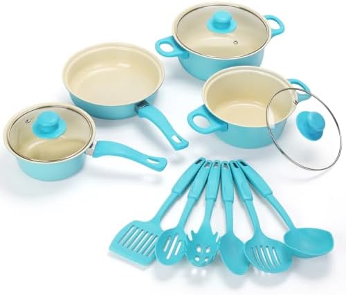 Non-Stick Cookware Set, 13 Piece Set Portable Lightweight Cast Iron Pots and Pans with Glass Lids and Nylon Utensils, Outdoor Camping Picnic Travel by Pleasthome