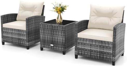 RELAX4LIFE 3 Piece Patio Furniture Set, Wicker Bistro Conversation Set w/2 Cushioned Armchairs & Glass Topped Table, Outdoor Rattan Sofa Set Patio Furniture for Porch Balcony Poolside (Grey-White) by RELAX4LIFE