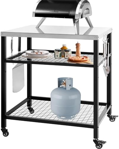 Stainless Steel Grill Cart with Cover Pizza Oven Stand with Water-proof Cover Trolley Table with Wheels Three-Shelf Movable Food Prep and Work Table Heavy Duty Grill Cart Outdoor 31.5"×24"×35.5" - Image 2