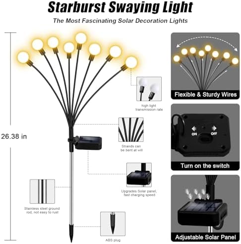 NBQQ Solar Lights Outdoor 6 Pack of 48 LEDs Swaying Firefly Garden Decor - Image 5