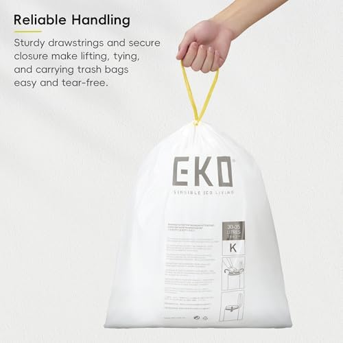 EKO 9.3 Gallon / 30–35 Liter Drawstring Trash Bags, 60 Count Heavy-Duty Tall Kitchen Garbage Can Liners, Extra-Strong Leak-Resistant, Unscented, White, Code K - Image 3