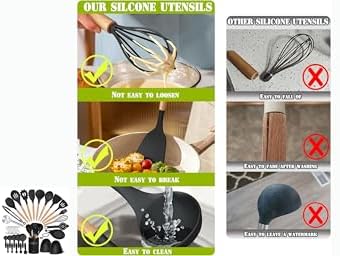 36 pcs Silicone Kitchen Cooking Utensils with Holder, Heat Resistant Cooking Sets Wooden Handle, Nonstick Kitchen Gadgets Tools Include Spatula Spoons Turner Pizza Cutter(Black) for Gift, K Trends - Image 3