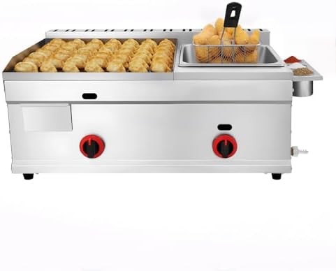Gas Griddle, 6L/1.59Gal Stainless Steel Griddle & Deep Fryer Combo Gas Deep Fryer Gas Grill Griddle with Oil Draining Basket, Lid & 3 Spice Boxes, Commercial Griddle with Fryer for RV, Camping by Unknown