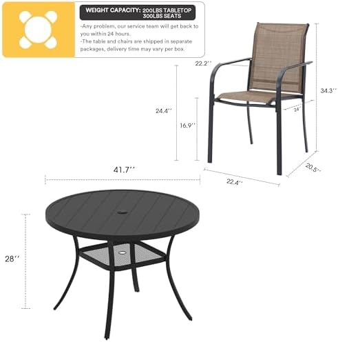 VICLLAX Patio Dining Set for 4, Outdoor Furniture Set Includes 41.2" Round Patio Table and 4 Patio Sling Chairs, Black Tabletop and Brown Fabric - Image 2