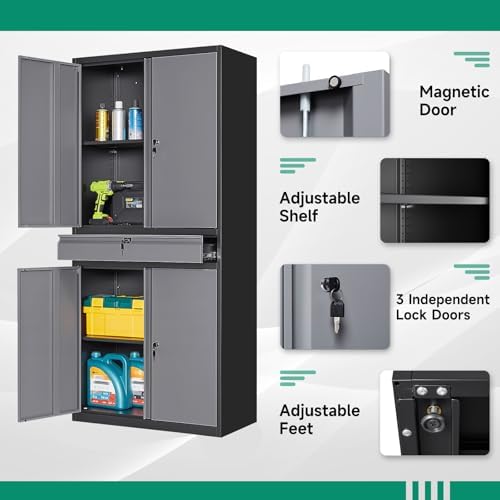 Letaya Metal Garage Storage Cabinet with Drawer,4 Door Tool Cabinet with Lock-2 Adjustable Shelves for Garage Home Office Utility Room (Black & Gray) - Image 5