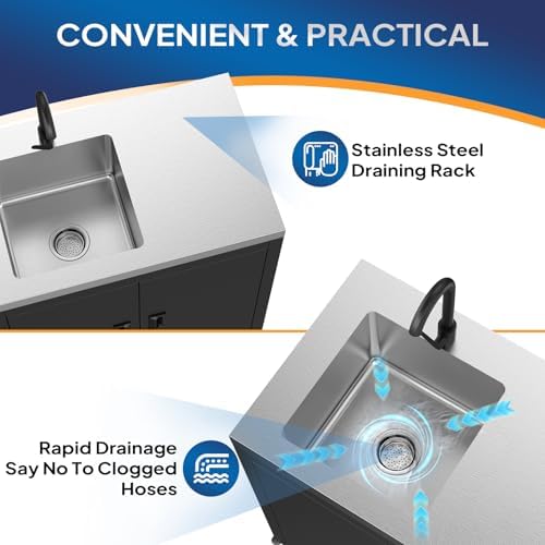 ROVSUN Stainless Steel Utility Sink with Cabinet & Wheels, Outdoor Heavy-Duty Freestanding Prep Grill Cart Sink for Backyard, Kitchen, Garage, Laundry, Garden Use 34.5" D x 19.6" W x 35.4" H - Image 4