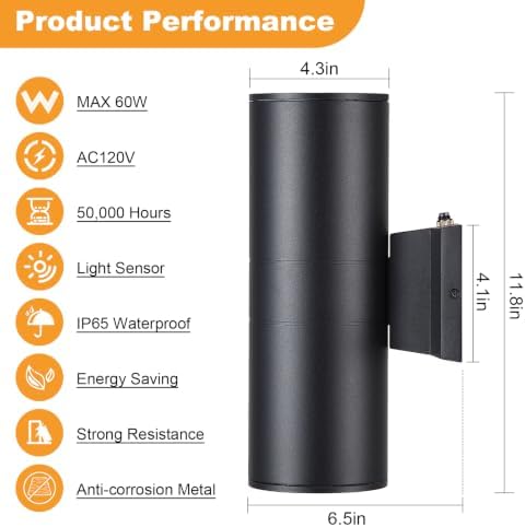 DAKAFUL Dusk to Dawn Outdoor Lighting Sensor Wall Lights 2-Pack, Modern Cylinder Up Down Lights Fits Standard E26 Bulbs, IP65 Waterproof Exterior Wall Sconce for Porch Patio etc. - Image 5