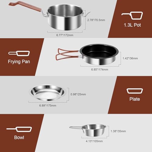 Odoland 10pcs Camping Cookware Stainless Steel Camping Pot and Pan Set with Plate Bowl Fork Knife Spoon for Backpacking, Hiking, Outdoor Cooking and Picnic - Image 5
