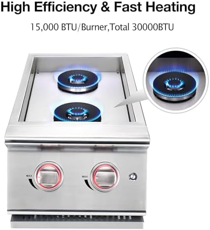 Double Grilling Side Burners for Outdoor Grill, Sturdy 304 Stainless Steel, with Liquid Propane Kit, Drop-in Side Burner for Outdoor Kitchen BBQ Island, 2 * 15,000BTU Natural Gas Side Burner - Image 2