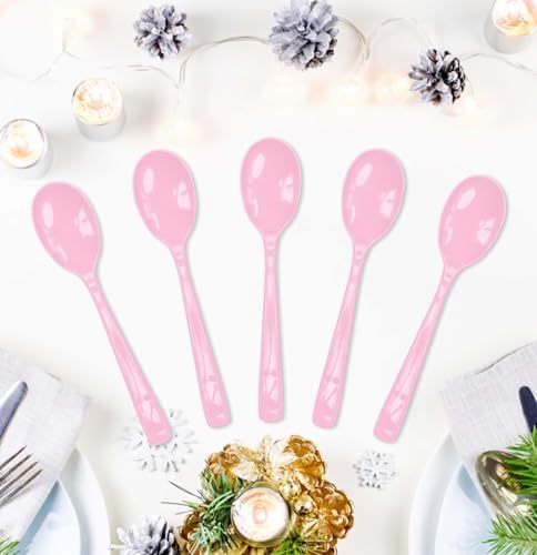 SietDESEO 25 PCS Light Pink Plastic Spoons Disposable Utensils Heavy Duty Baby Pink Spoons Disposable Cutlery for Birthday Wedding Baby Shower Bridal Shower Plastic Silverware - Image 2