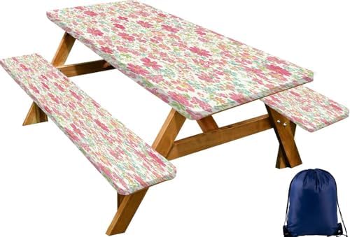 CAPSCEOLL Fitted Picnic Table Cover with Bench Covers 6ft - Pink Flowers by CAPSCEOLL