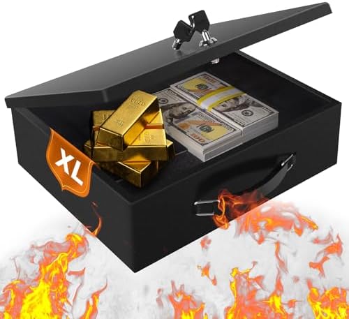 Fireproof Document Box with Key Lock – Fire Resistant Safe Box for Home, Portable Lock Box for Personal Items, Passport, Cash, Tablet, 13.2" x 11" x 4.13" Black XL by Crinwaki